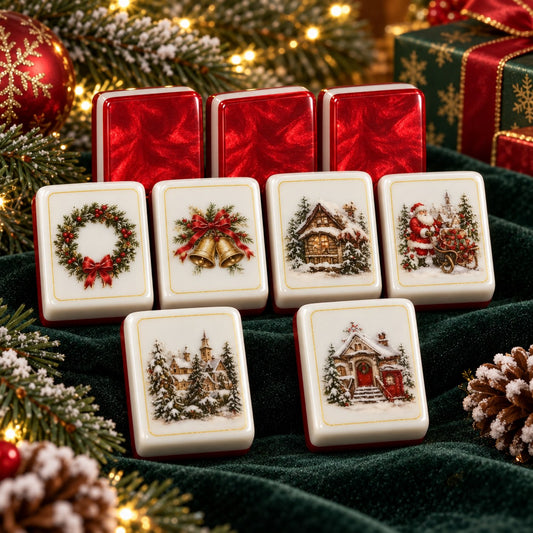 Christmas Marbled Red Backs Winter mahjong tile set in red, white, green and gold